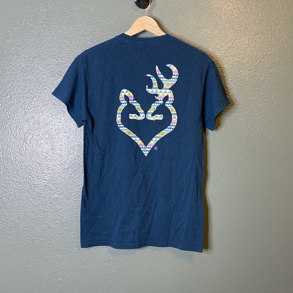 Browning T-Shirt Women Small Blue Short Sleeve Buckmark Graphic Logo Cotton Tee